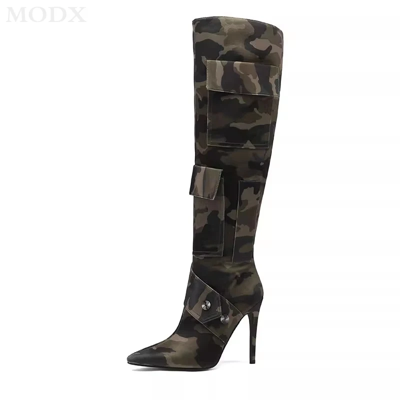 New Pointed Toe Fine Heel Sexy Camouflage Thigh-high Boots Fashion Rivets Splicing Pockets Design Slip-on Super High Heel Boots
New Pointed Toe Fine Heel Sexy Camouflage Thigh-high Boots Fashion Rivets Splicing Pockets Design Slip-on Super High Heel Boots