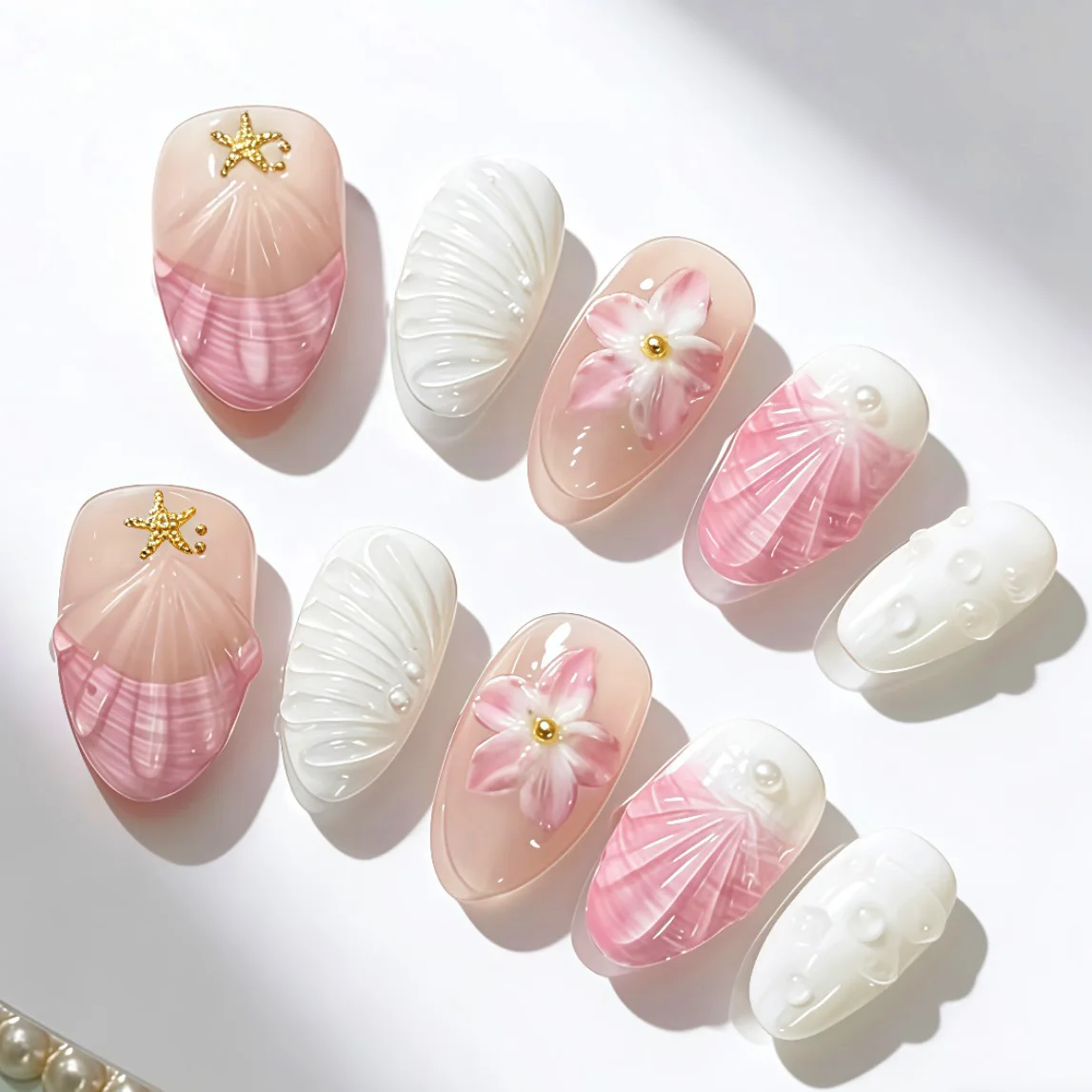 30pcs Pink and White Seashell Press-On Nails with 3D Embossed Flowers&Starfish False Nail for Women&Girl Removable Fake Nail
30pcs Pink and White Seashell Press-On Nails with 3D Embossed Flowers&Starfish False Nail for Women&Girl Removable Fake Nail