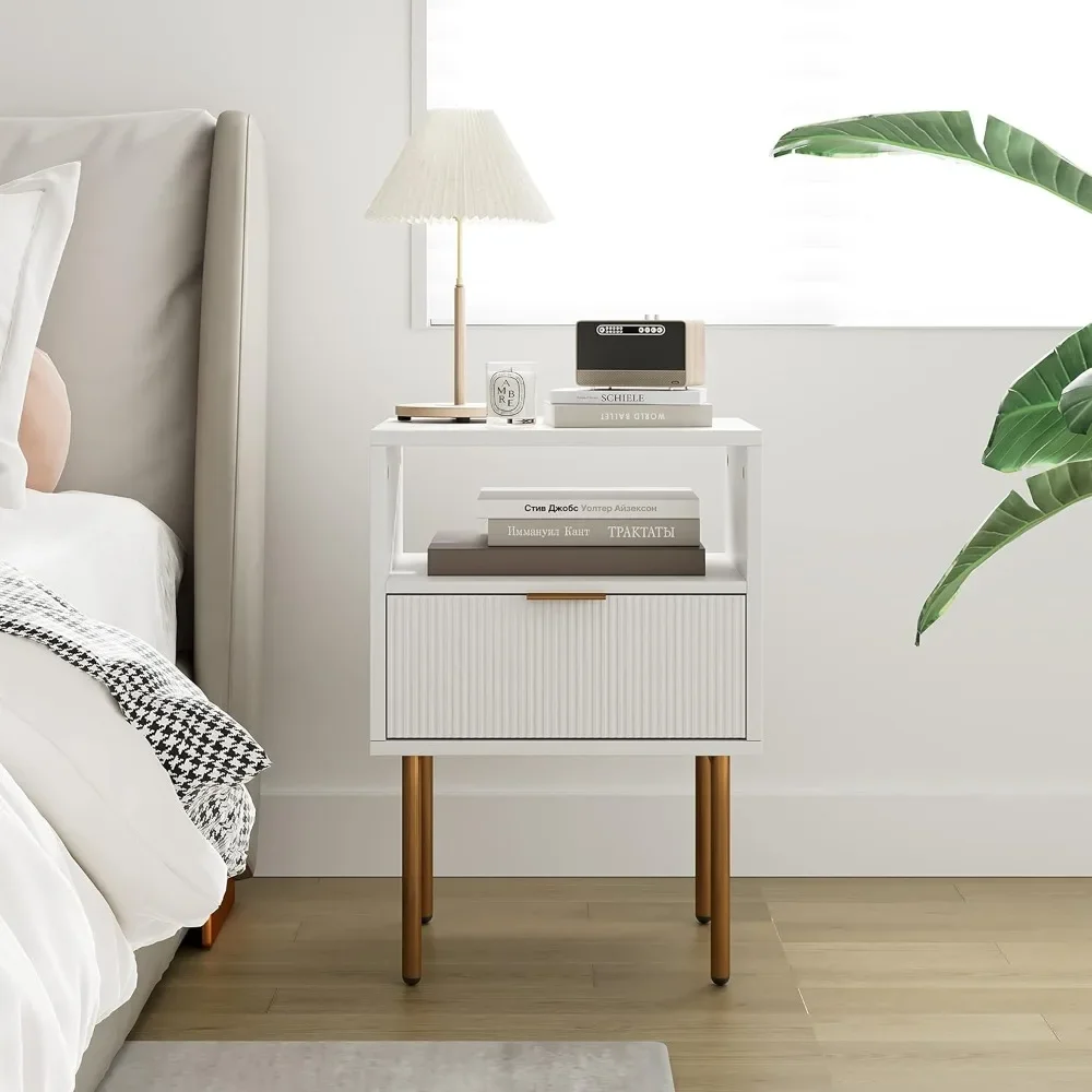 Nightstand,Mid-Century Modern Bedside Table with Storage Drawer and Open Wood Shelf,Small Gold Frame Side Table for Bedroom
Nightstand,Mid-Century Modern Bedside Table with Storage Drawer and Open Wood Shelf,Small Gold Frame Side Table for Bedroom