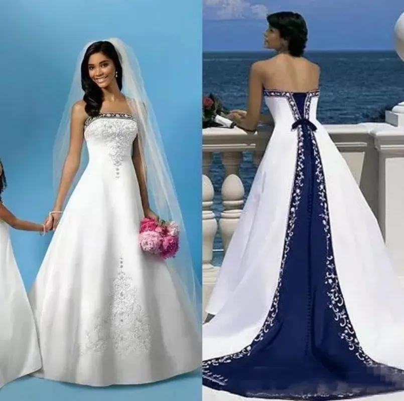 Vintage White And Navy Blue Wedding Dresses Retro Lace-up Back Lace Embroidery Beaded Church Beach Two Tone Bride Wedding Gowns
Vintage White And Navy Blue Wedding Dresses Retro Lace-up Back Lace Embroidery Beaded Church Beach Two Tone Bride Wedding Gowns
