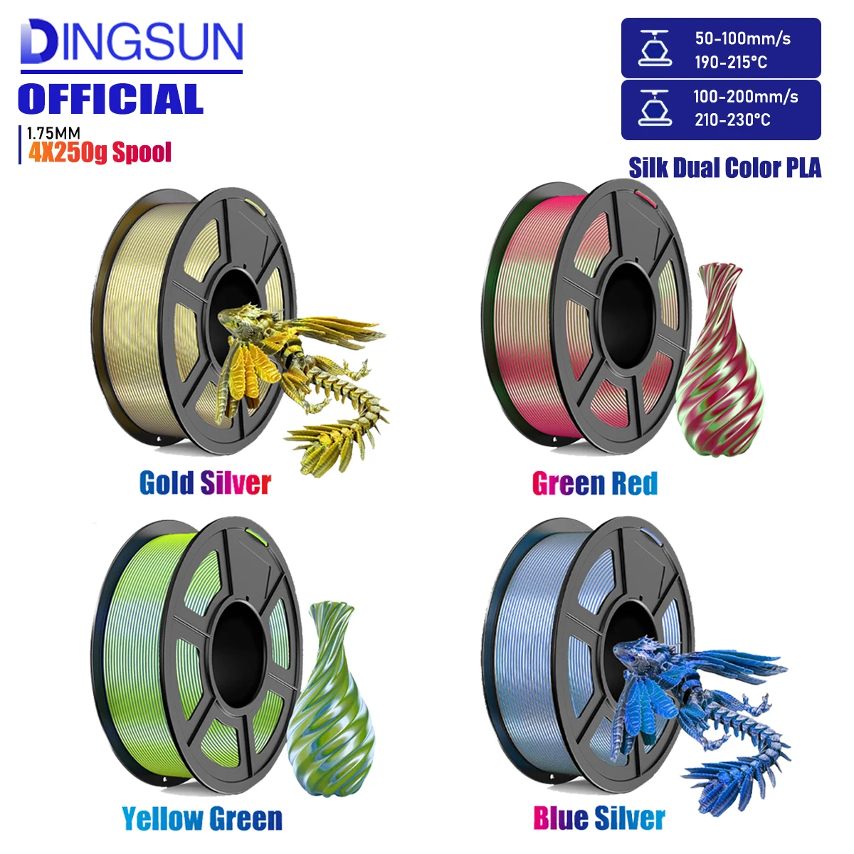 Silk PLA+ Dual Color 3D Printer Filament 1.75mm 250G Coextrusion Color Change +/-0.02mm Accuracy For FDM Printer
Silk PLA+ Dual Color 3D Printer Filament 1.75mm 250G Coextrusion Color Change +/-0.02mm Accuracy For FDM Printer