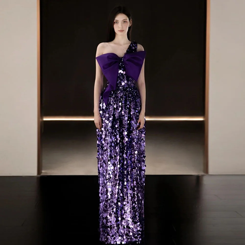 Light Luxury Purple Sequins Evening Dress Women One Shoulder Backless Big Satin Bow Design Gown Floor Length Straight Vestido
Light Luxury Purple Sequins Evening Dress Women One Shoulder Backless Big Satin Bow Design Gown Floor Length Straight Vestido