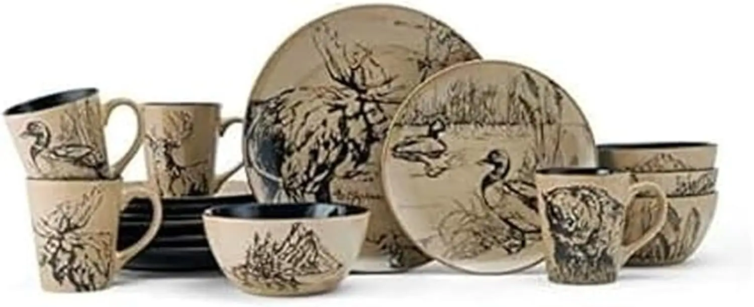 16-Piece Stoneware Dinnerware Set, Service for 4, Black & Beige with Wildlife Sketches
16-Piece Stoneware Dinnerware Set, Service for 4, Black & Beige with Wildlife Sketches