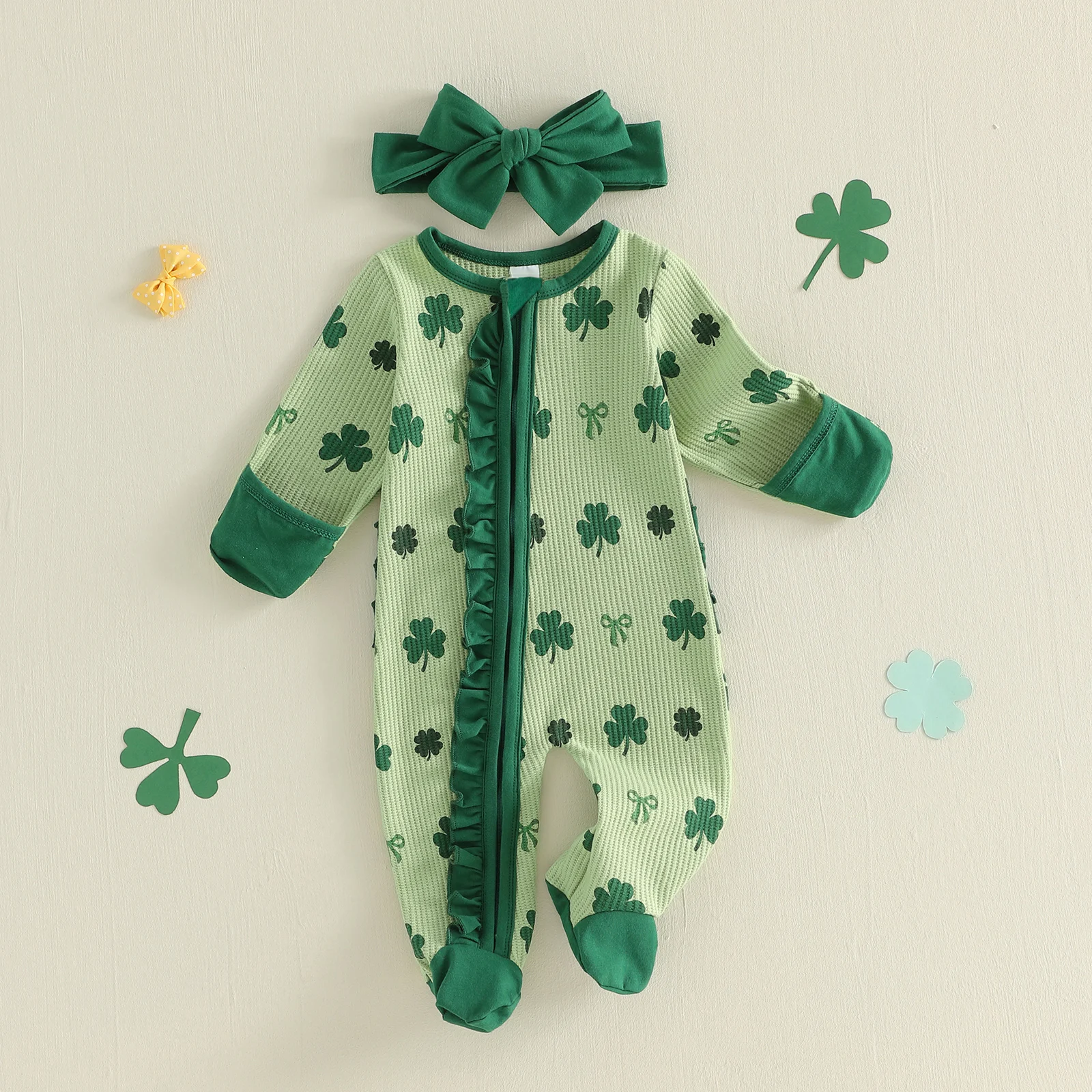 St Patrick s Day Toddler Girls 3 Piece Set Long Sleeve Round Neck Shamrock Print Footed Jumpsuit with Headband and Socks
St Patrick s Day Toddler Girls 3 Piece Set Long Sleeve Round Neck Shamrock Print Footed Jumpsuit with Headband and Socks
