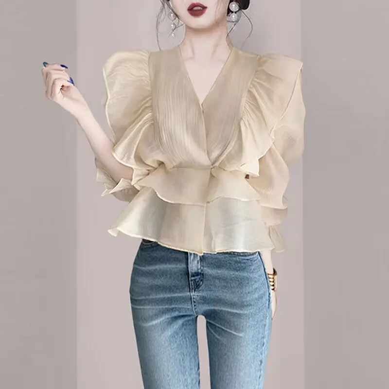 French Ruffled T-shirt Summer Autumn Women Elegant V-neck Puff Sleeve Shirt 2025 Spring Office Lady Long Sleeve Chiffon Blouses
French Ruffled T-shirt Summer Autumn Women Elegant V-neck Puff Sleeve Shirt 2025 Spring Office Lady Long Sleeve Chiffon Blouses