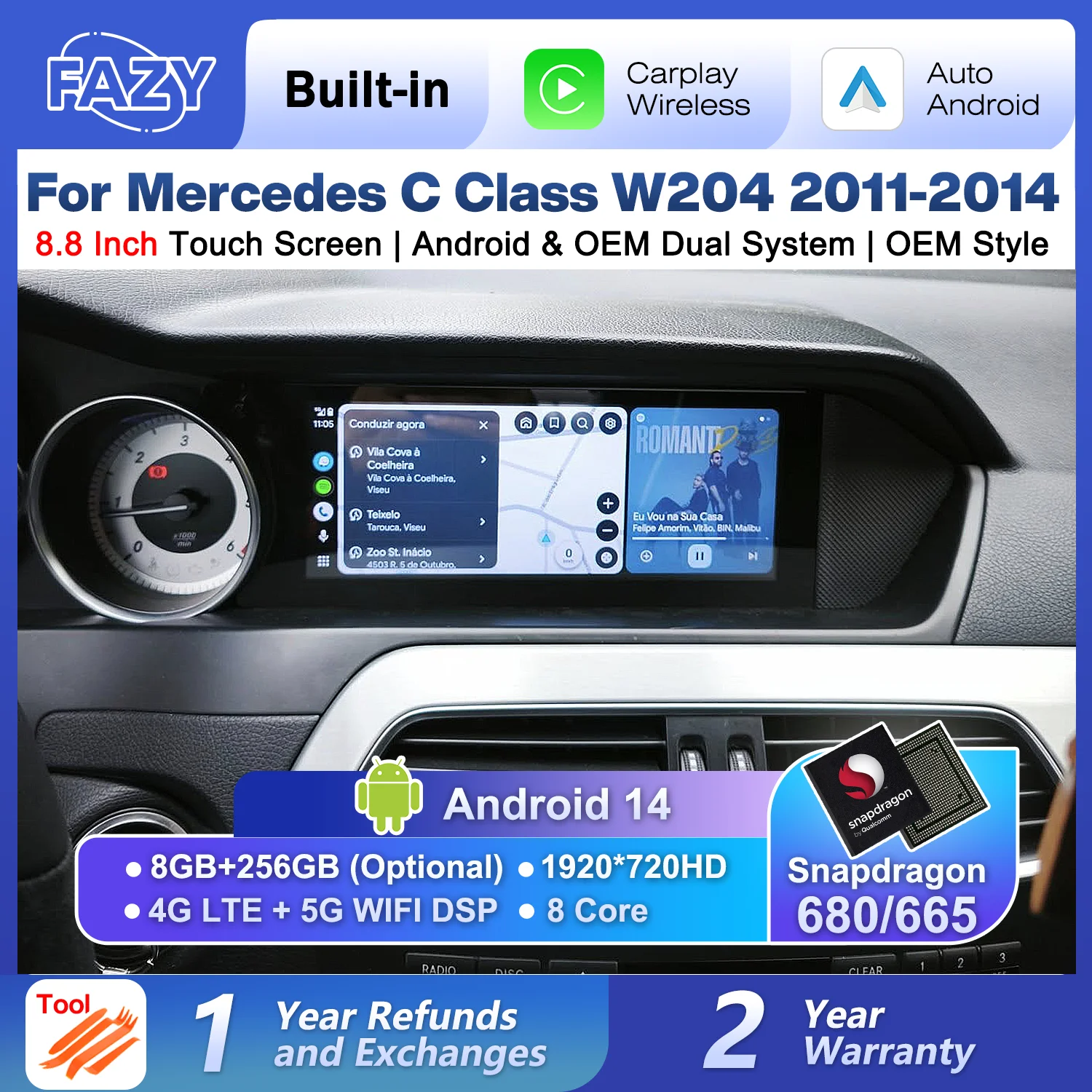 8.8'' Android 14 Wireless Carplay Touch Screen For Mercedes C Class W204 S204 2011-2014 Car Stereo Player Stereo GPS Navigation
8.8'' Android 14 Wireless Carplay Touch Screen For Mercedes C Class W204 S204 2011-2014 Car Stereo Player Stereo GPS Navigation