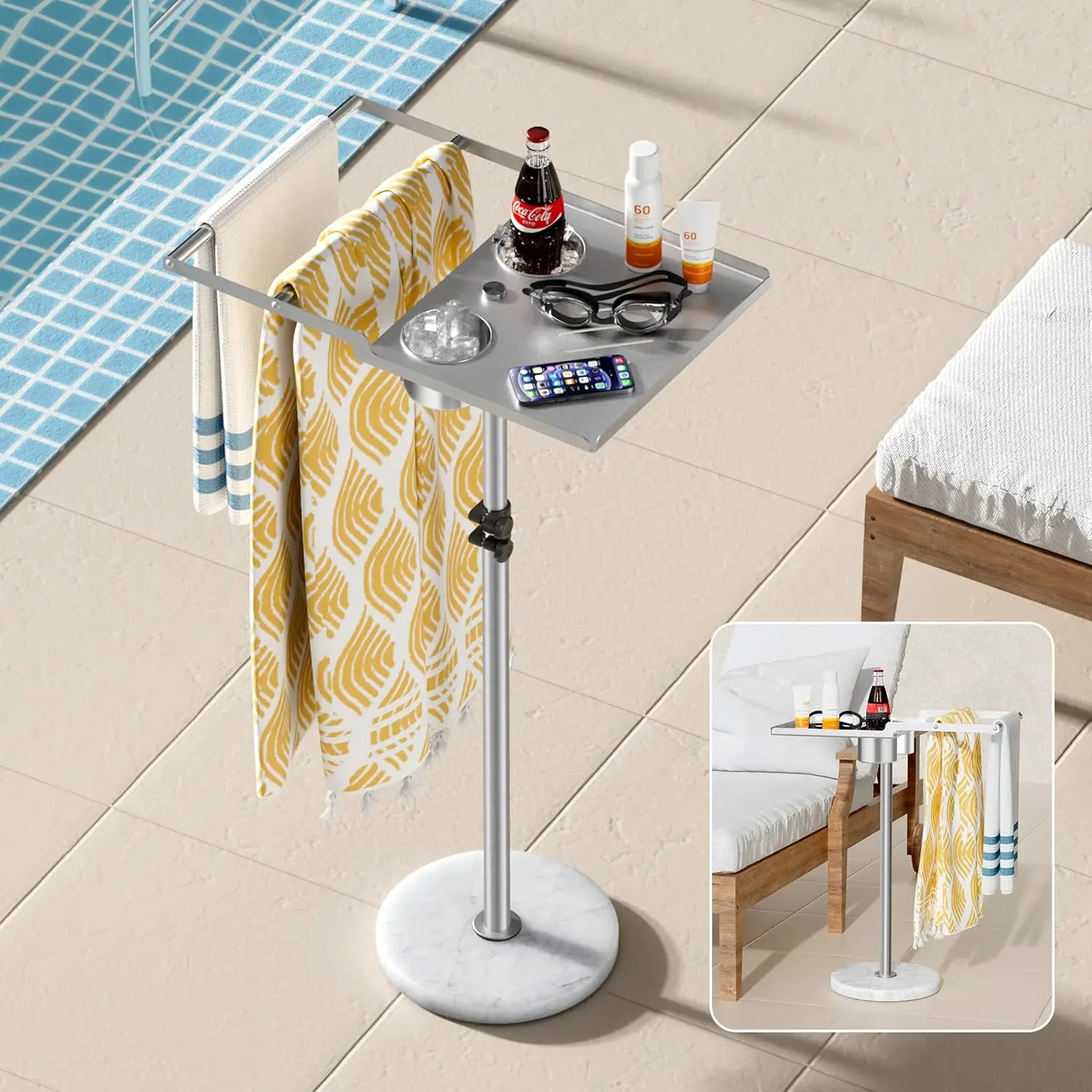 Adjustable Height Outdoor Towel Rack for Hot Tub with 360° Swivel Side Table and Drink Holders, Stainless Steel Marble Base
Adjustable Height Outdoor Towel Rack for Hot Tub with 360° Swivel Side Table and Drink Holders, Stainless Steel Marble Base
