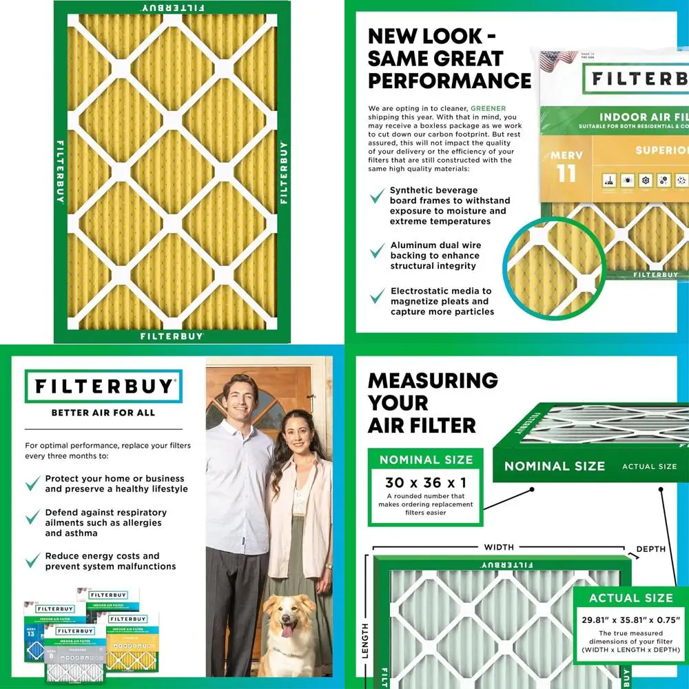 MERV 11 Air Filter for Pet & Allergy Relief - 30x36x1 Pleated HVAC Replacement Filter (Actual Size: 29.81x35.81x0.75)
MERV 11 Air Filter for Pet & Allergy Relief - 30x36x1 Pleated HVAC Replacement Filter (Actual Size: 29.81x35.81x0.75)