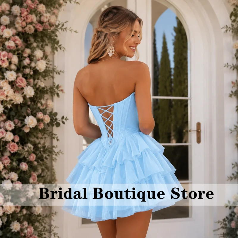 Customized Short Sky Blue Homecoming Dresses Strapless A-Line Tiered فساتين سهرة Mini Prom Dress for Women
Customized Short Sky Blue Homecoming Dresses Strapless A-Line Tiered فساتين سهرة Mini Prom Dress for Women