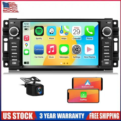 New 7" Android 15 Double Din Touch Car Radio Stereo Multimedia Video Player 4+64G For Dodge Ram 1500 2500 3500 2009-2012 Jeep Wrangler 2007-2018 Avenger Challenger Support Wireless CarPlay Android Auto GPS WiFi Bluetooth SWC Mirror Link AHD Backup Camera