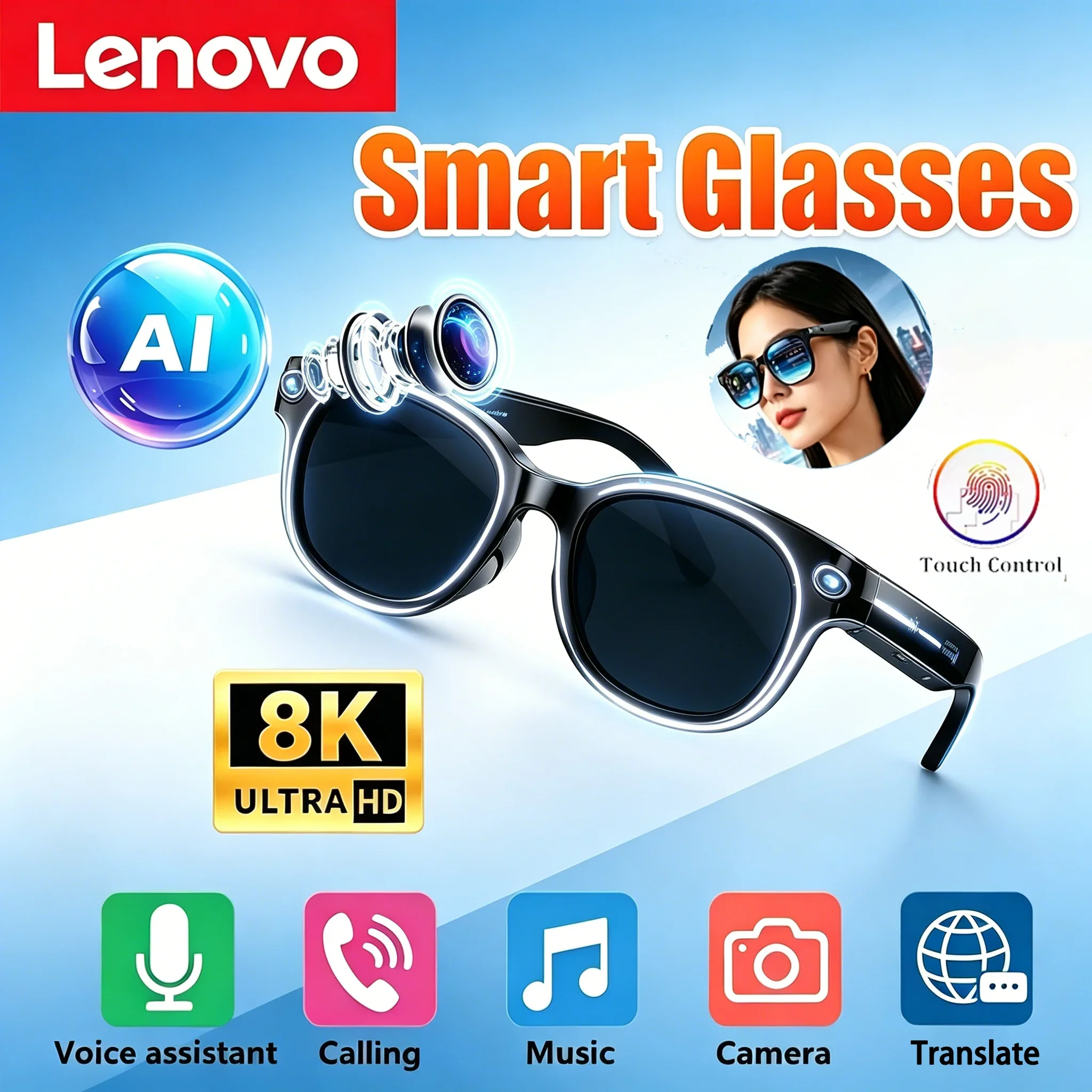 Lenovo Wireless Bluetooth5.3 Sunglass AI 8K Smart Camera Glasses Touch Photo Recording Remote Control Voice Assistant Translator
Lenovo Wireless Bluetooth5.3 Sunglass AI 8K Smart Camera Glasses Touch Photo Recording Remote Control Voice Assistant Translator