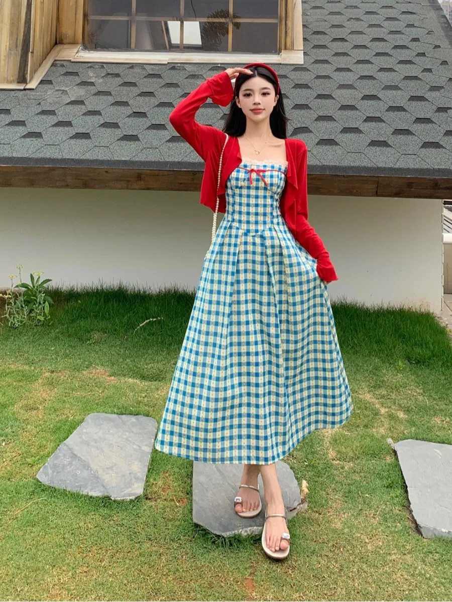 Sweet Lace Knot Summer New Style Long Sleeve Open Cardigan Top And Plaid Midi Dress plus Size Women's Fashion Set
Sweet Lace Knot Summer New Style Long Sleeve Open Cardigan Top And Plaid Midi Dress plus Size Women's Fashion Set