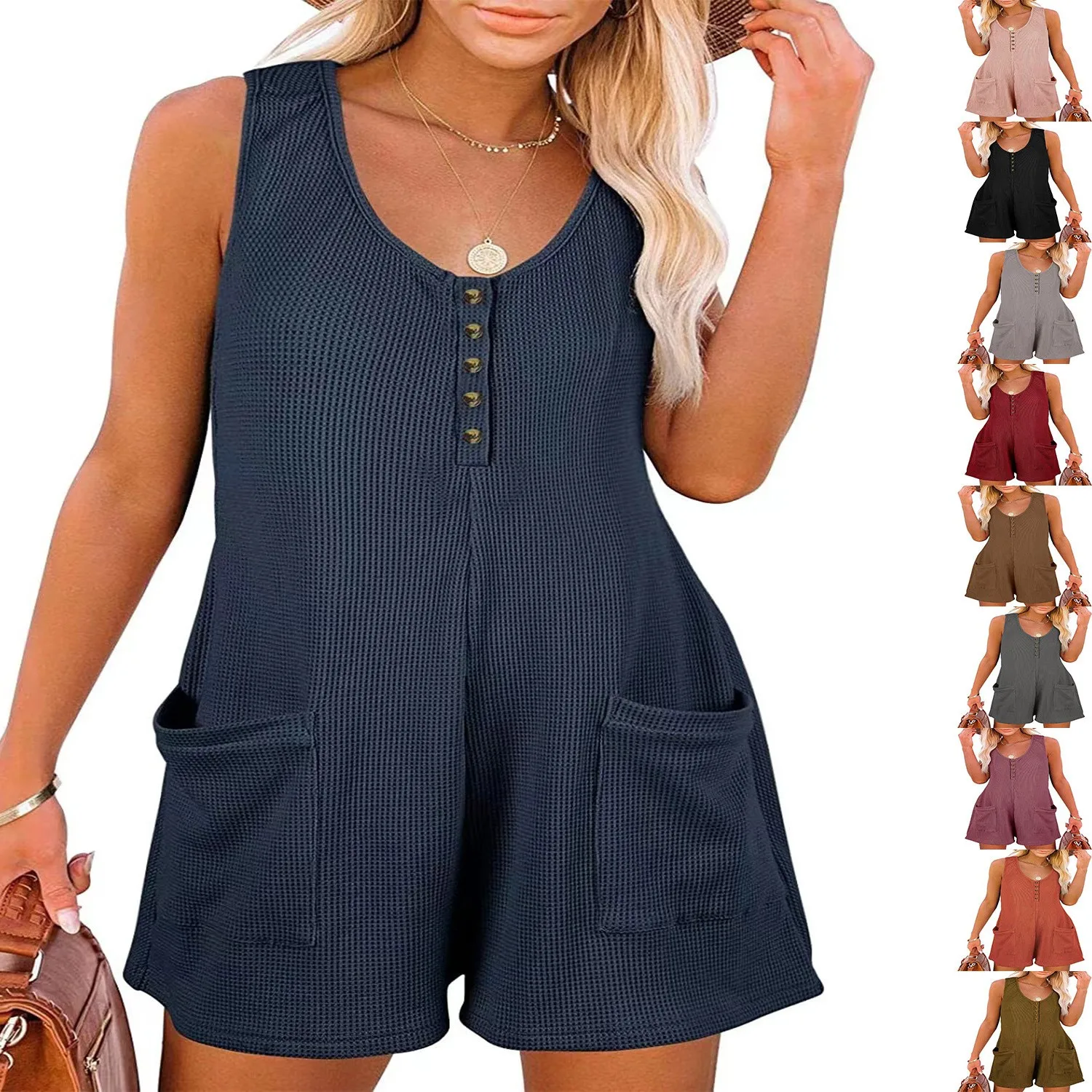 Summer Women's Clothing Casual Button Pocket Sleeveless Jumpsuit For Woman Polyester Mid Rise Capri Romper Solid Comfort Fit
Summer Women's Clothing Casual Button Pocket Sleeveless Jumpsuit For Woman Polyester Mid Rise Capri Romper Solid Comfort Fit