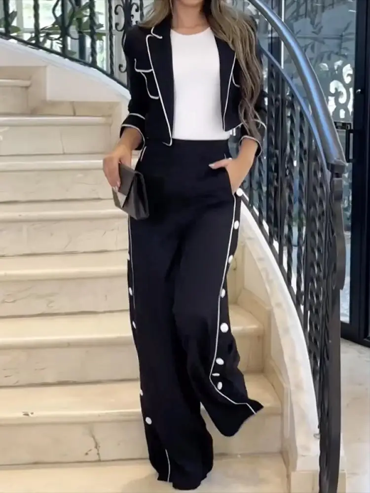 Women's Black White Contrast Trim Cropped Blazer & Wide Leg Pants Two Piece Set 2026 New Elegant Office Suit Commuter Pant Sets
Women's Black White Contrast Trim Cropped Blazer & Wide Leg Pants Two Piece Set 2026 New Elegant Office Suit Commuter Pant Sets