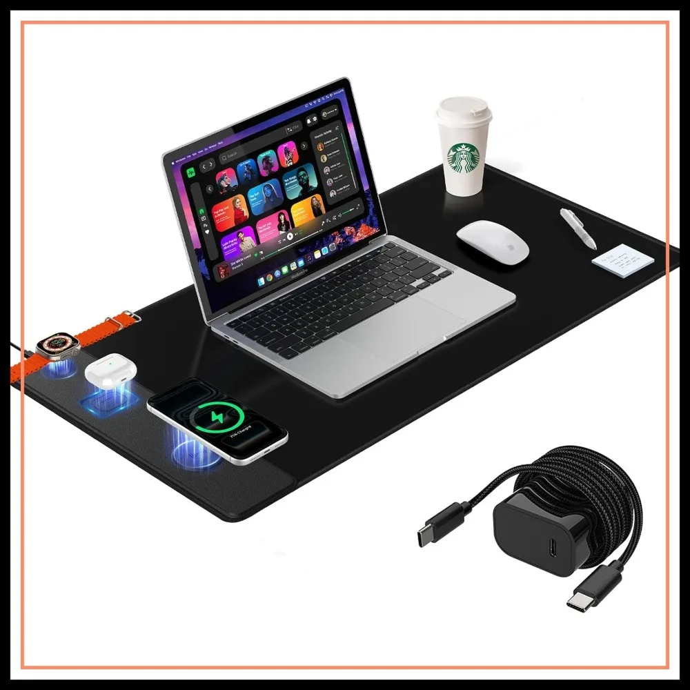 Large Desk Mat with Magnetic Wireless Charging, Non-Slip Mouse Pad for Gaming, Office, PC, 20W PD Charger Included