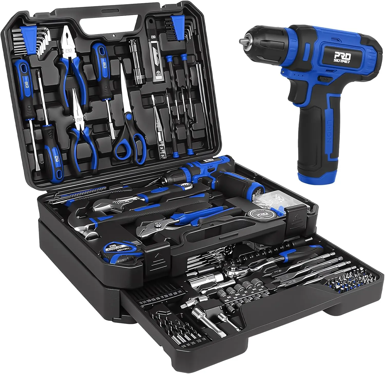 369-Piece Home Tool Kit with 8V Cordless Drill, Organized Storage Case for DIY & Repairs, Blue
369-Piece Home Tool Kit with 8V Cordless Drill, Organized Storage Case for DIY & Repairs, Blue