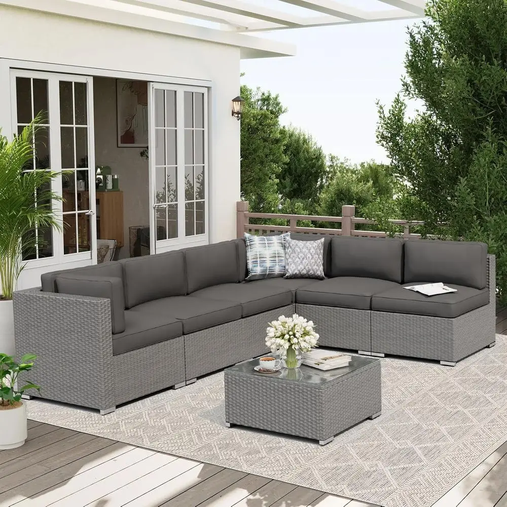 7-Piece Outdoor Grey Rattan Wicker Sectional Contion Sets Patio urniture Soa Set with Cushions and Glass Top Table(Grey)
7-Piece Outdoor Grey Rattan Wicker Sectional Contion Sets Patio urniture Soa Set with Cushions and Glass Top Table(Grey)