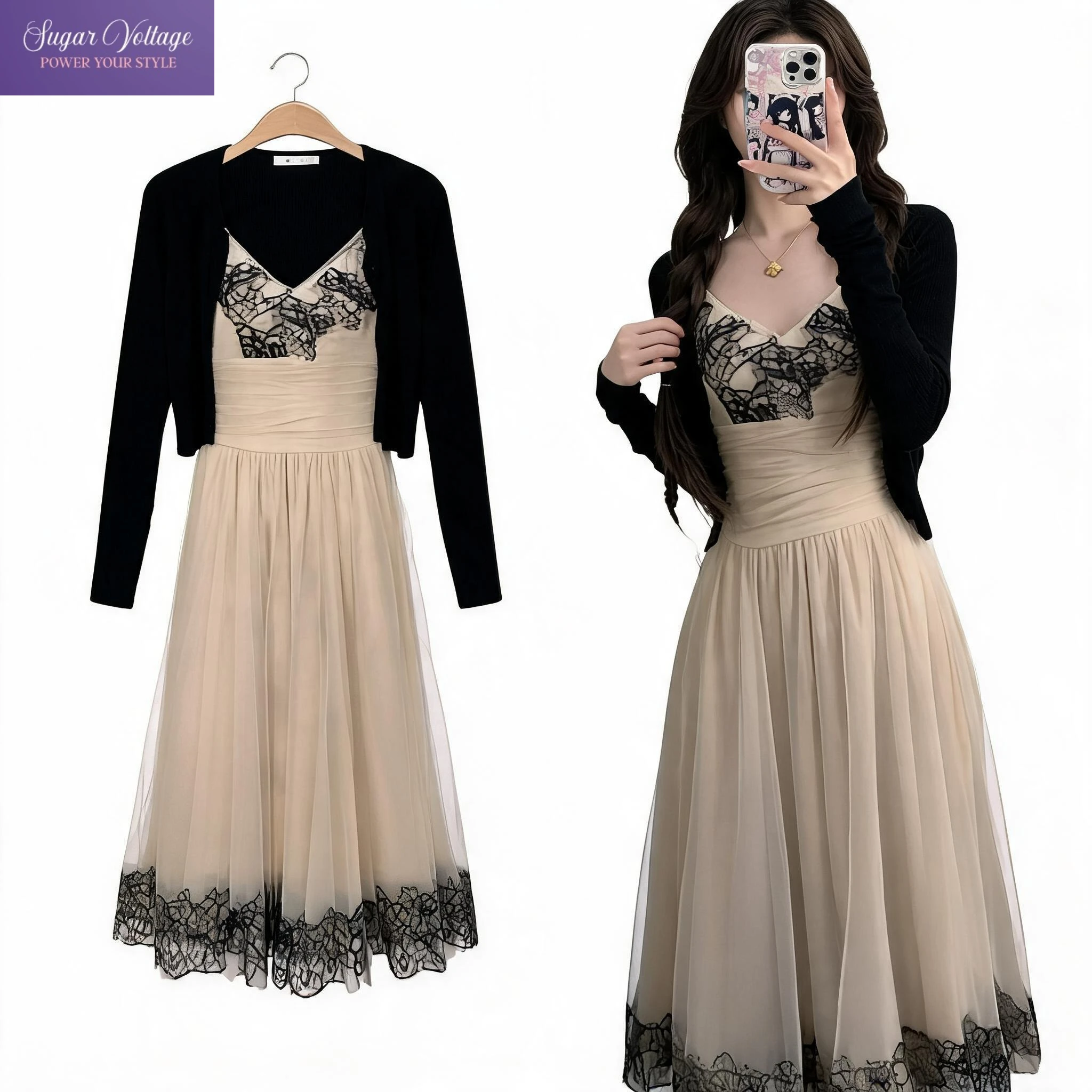 French Style Summer Lace Slim Fit Black Long Sleeve 2 Piece Dress Sets Women Midi Dress Lace Hem Camisole Date Party Daily Wear
French Style Summer Lace Slim Fit Black Long Sleeve 2 Piece Dress Sets Women Midi Dress Lace Hem Camisole Date Party Daily Wear