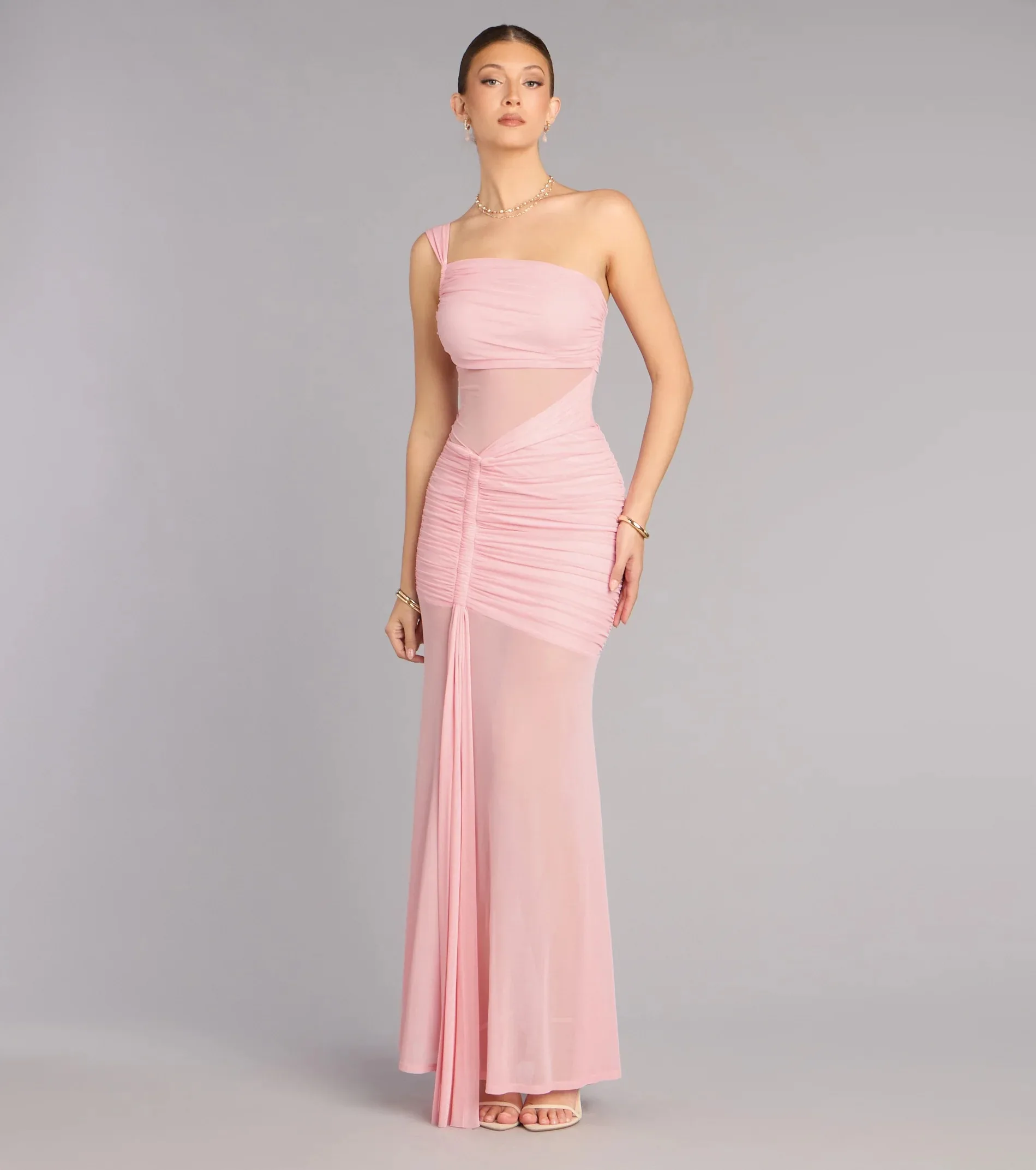 Elegant Mesh One-Shoulder Maxi Evening Dress with Ruched & Sheer Detail Formal Wedding Guest Gown & Bridesmaid Dress
Elegant Mesh One-Shoulder Maxi Evening Dress with Ruched & Sheer Detail Formal Wedding Guest Gown & Bridesmaid Dress