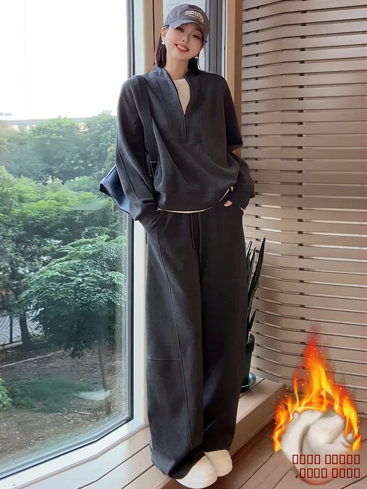 Зимняя модная женская толстовка с капюшоном на молнии, свободные широкие брюки с высокой талией, комплект из двух предметов, удобный повседневный теплый тонкий комплект
Зимняя модная женская толстовка с капюшоном на молнии, свободные широкие брюки с высокой талией, комплект из двух предметов, удобный повседневный теплый тонкий комплект