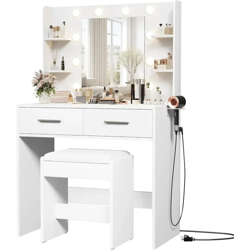 Adjustable 3-Color LED Makeup Vanity Desk with 2 Drawers, 6 Shelves and Power Outlet, White (Includes Bench)
Adjustable 3-Color LED Makeup Vanity Desk with 2 Drawers, 6 Shelves and Power Outlet, White (Includes Bench)