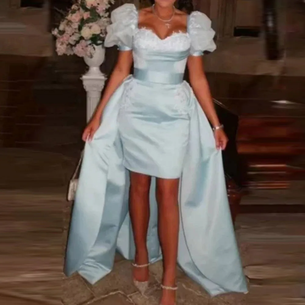 Mini Short Sky Blue Satin Cocktail Dress Sheath Cocktail Gown Sweetheart Short Puff Sleeves Party Gown With Train
Mini Short Sky Blue Satin Cocktail Dress Sheath Cocktail Gown Sweetheart Short Puff Sleeves Party Gown With Train