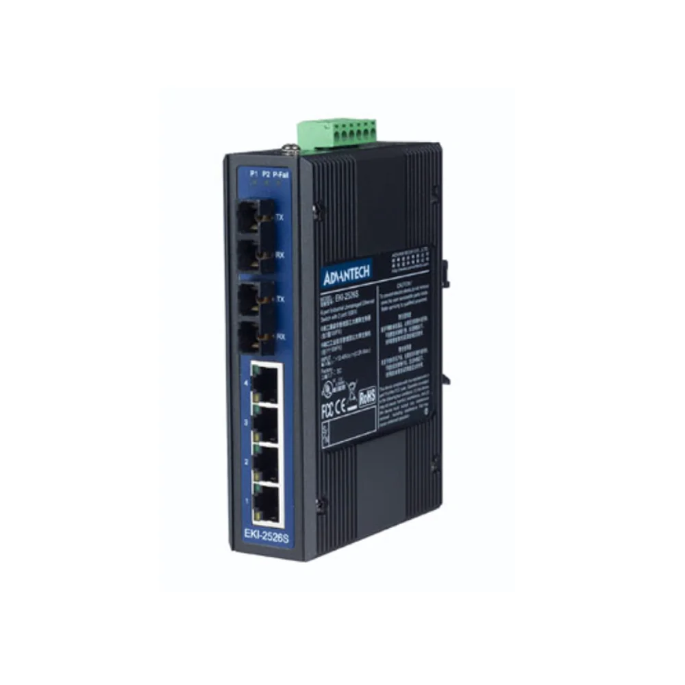 Advantech EKI-2526S 10/100Mbps 4 Ethernet Ports 2 Single-mode SC Type Fiber Optic Port POE Unmanaged Industrial Ethernet Switch
Advantech EKI-2526S 10/100Mbps 4 Ethernet Ports 2 Single-mode SC Type Fiber Optic Port POE Unmanaged Industrial Ethernet Switch