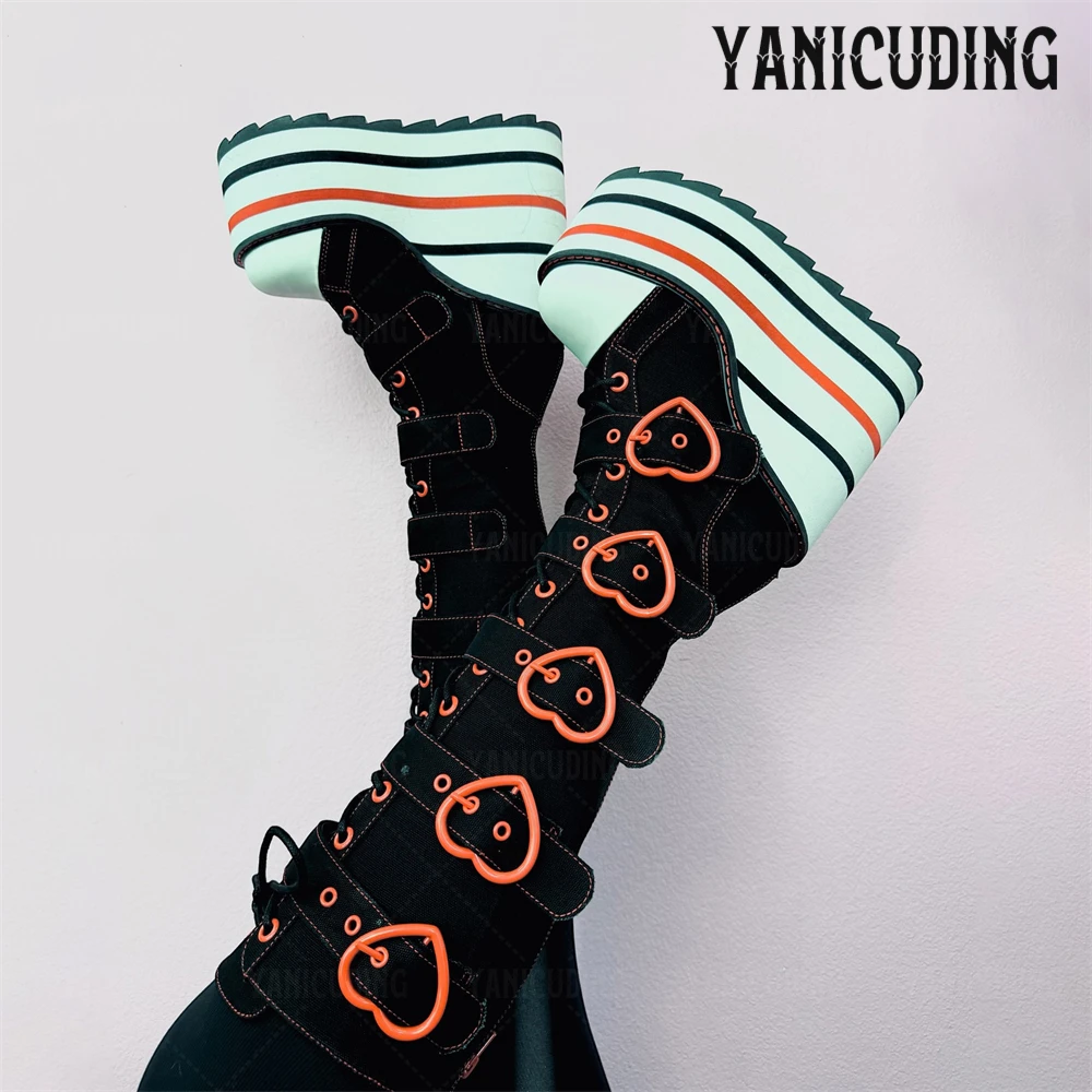 Silver Star Buckles Platform Knee Boots Black Canvas Wedge Boots Colorful Striped Heel Adjustable Straps Cosplay Boots for Women
Silver Star Buckles Platform Knee Boots Black Canvas Wedge Boots Colorful Striped Heel Adjustable Straps Cosplay Boots for Women
