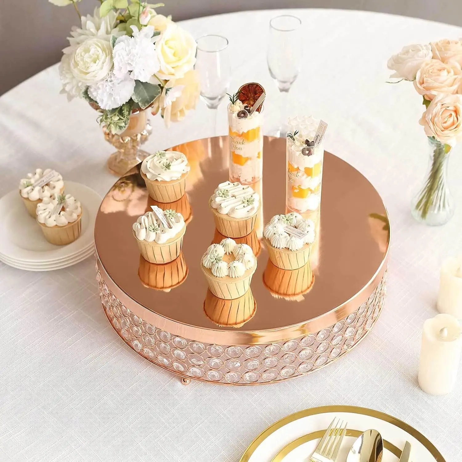 Rose Gold Beaded Crystal Metal Cake Stand, 4" Tall Riser with 162 Stacked Diamonds for Weddings
Rose Gold Beaded Crystal Metal Cake Stand, 4" Tall Riser with 162 Stacked Diamonds for Weddings