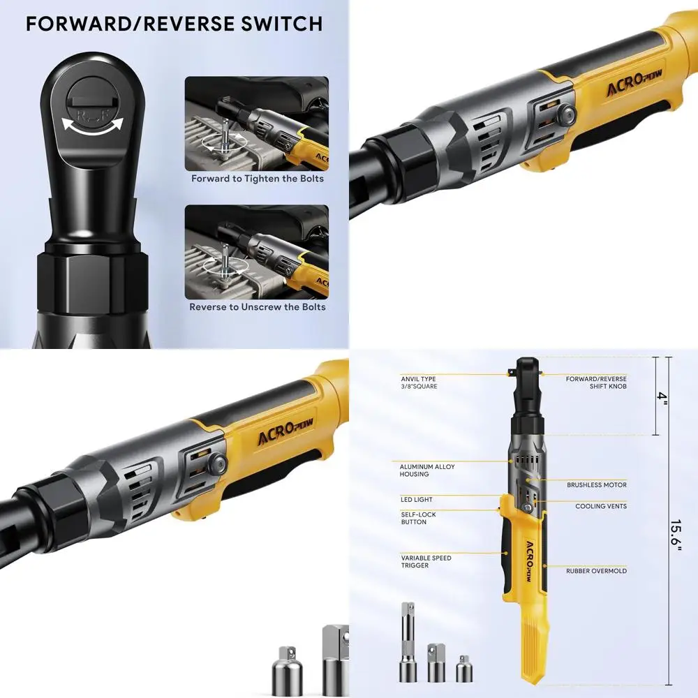 20V Cordless Ratchet Wrench, 74 Ft-Lbs Torque, Brushless Motor, Variable Speed, 1/2 & 1/4 Adapters, 3 Extension Bar
20V Cordless Ratchet Wrench, 74 Ft-Lbs Torque, Brushless Motor, Variable Speed, 1/2 & 1/4 Adapters, 3 Extension Bar