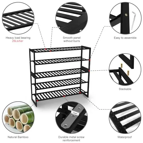 5-Tier Heavy-Duty Metal Shoe Rack With Bamboo-Style Slats, Stackable & Waterproof For Closet, Entryway, Hallway, Bedroom, Garage
5-Tier Heavy-Duty Metal Shoe Rack With Bamboo-Style Slats, Stackable & Waterproof For Closet, Entryway, Hallway, Bedroom, Garage