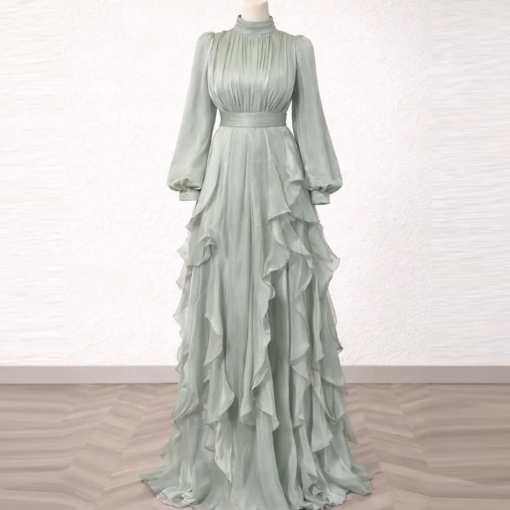 Custom Sage Green Chiffon Evening Dress High Neck Long Puff Sleeve Ruffle Tiered Maxi Formal Gown For Women Wedding Guest Party
Custom Sage Green Chiffon Evening Dress High Neck Long Puff Sleeve Ruffle Tiered Maxi Formal Gown For Women Wedding Guest Party
