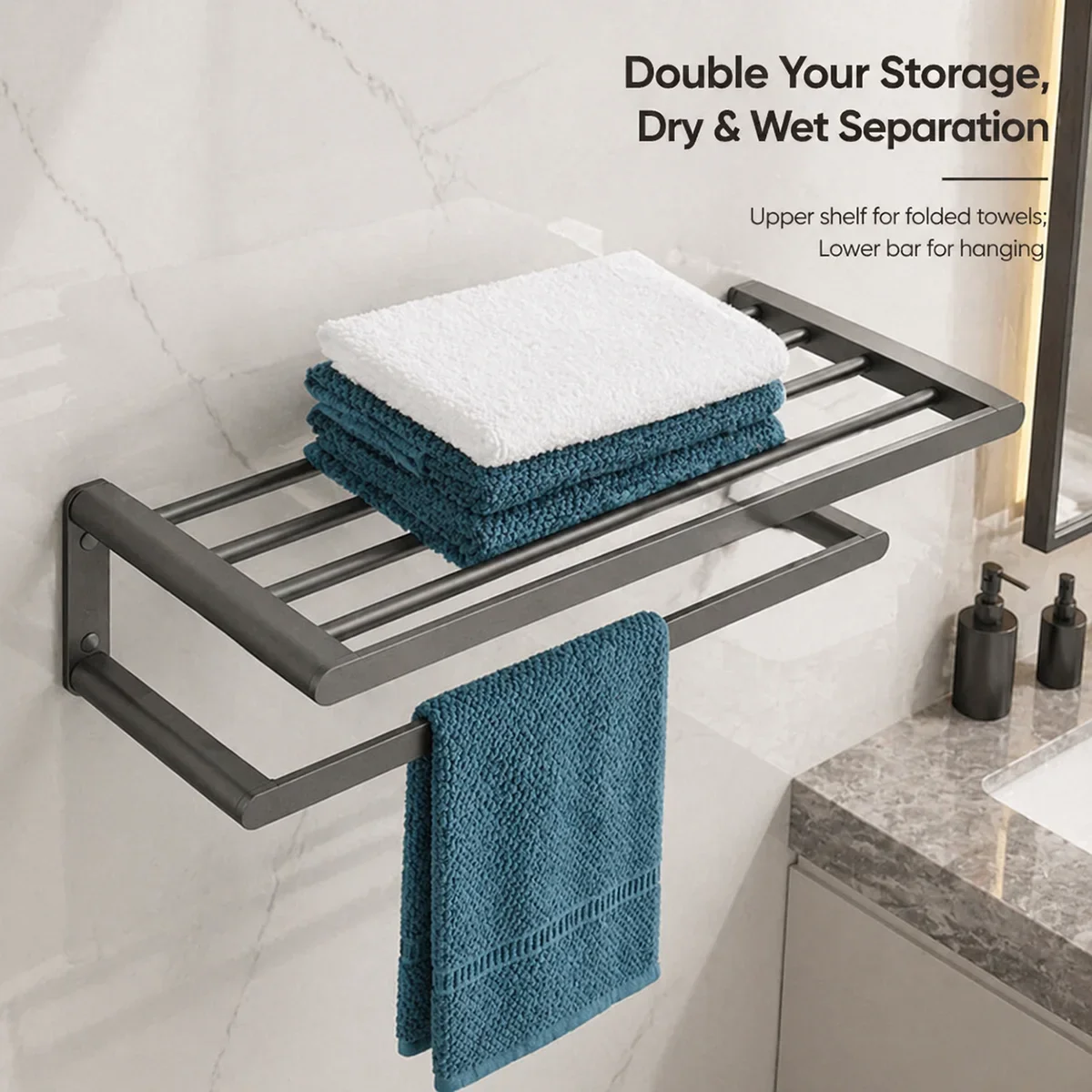 Matte gray aluminum towel rack, wall mounted bathroom towel rack with double towel bars, rust resistant towel rack for bathrooms
Matte gray aluminum towel rack, wall mounted bathroom towel rack with double towel bars, rust resistant towel rack for bathrooms