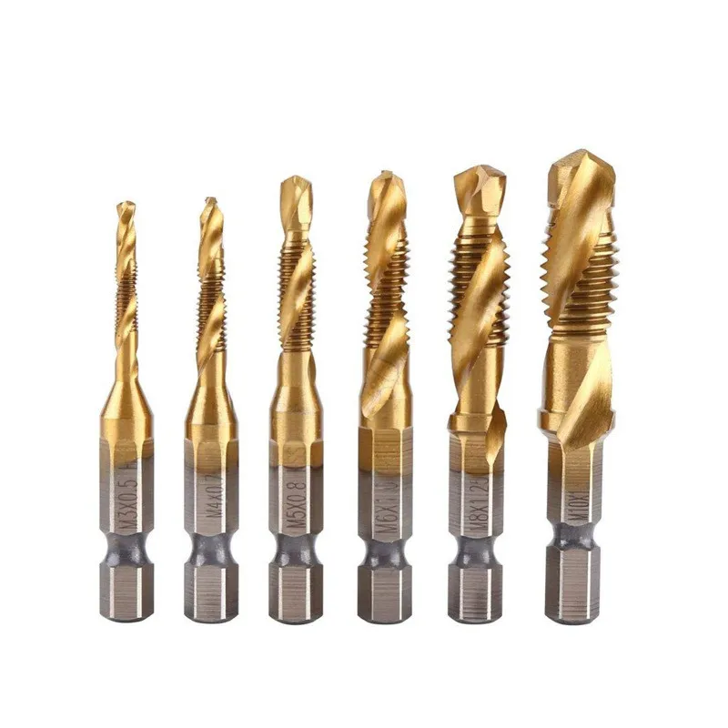 6Pcs Hex Shank Titanium Plated HSS Screw Thread Metric Tap Drill Bits Screw Machine Compound tap M3 M4 M5 M6 M8 M10 Hand Tools
6Pcs Hex Shank Titanium Plated HSS Screw Thread Metric Tap Drill Bits Screw Machine Compound tap M3 M4 M5 M6 M8 M10 Hand Tools