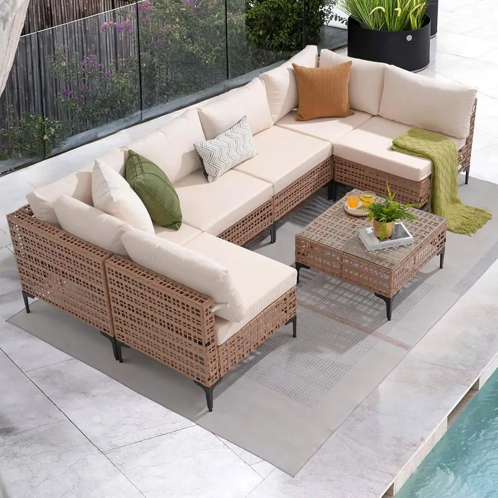 7-Piece Natural PE Rattan Outdoor Patio Sectional Sofa Set with Cushions and Glass Table, White
7-Piece Natural PE Rattan Outdoor Patio Sectional Sofa Set with Cushions and Glass Table, White