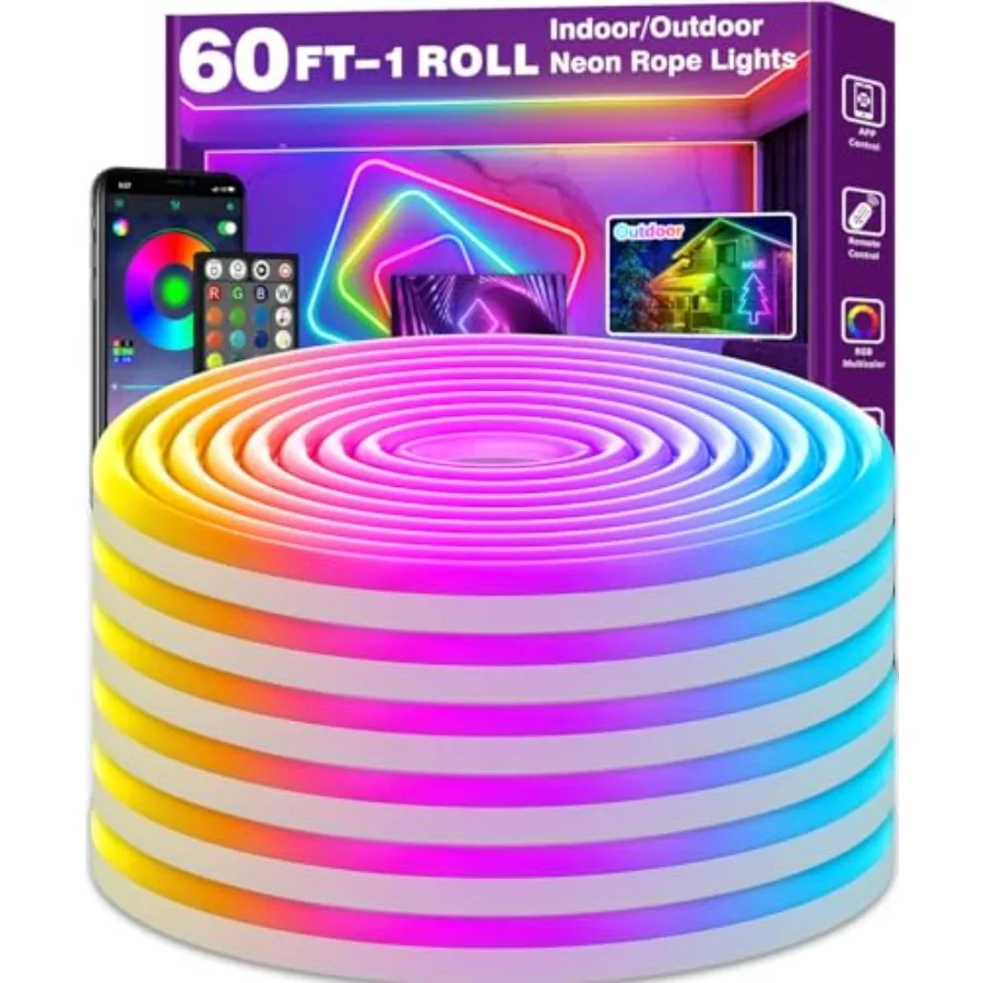 60Feet Neon Rope LightsFlexible Led Rope Lights Control with App/Remote Multiple Modes RopeLights IP65 Outdoor RGB Led Neon Lig
60Feet Neon Rope LightsFlexible Led Rope Lights Control with App/Remote Multiple Modes RopeLights IP65 Outdoor RGB Led Neon Lig