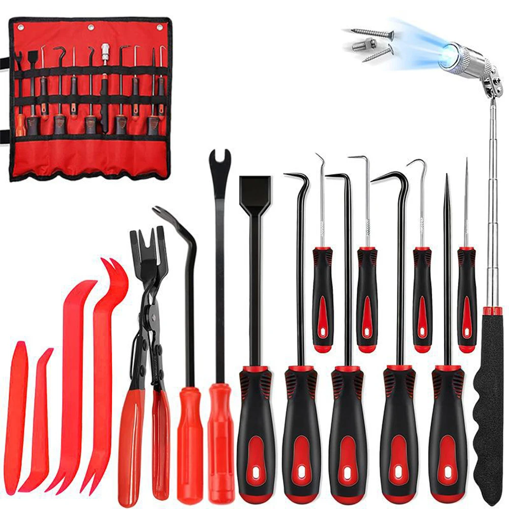 17Pcs Mechanic Hook and Pick Tool Set Car Trim Removal Kit with Fastener Clip Pliers Rivet Puller,Magnetic Pickup,Gasket Scraper
17Pcs Mechanic Hook and Pick Tool Set Car Trim Removal Kit with Fastener Clip Pliers Rivet Puller,Magnetic Pickup,Gasket Scraper