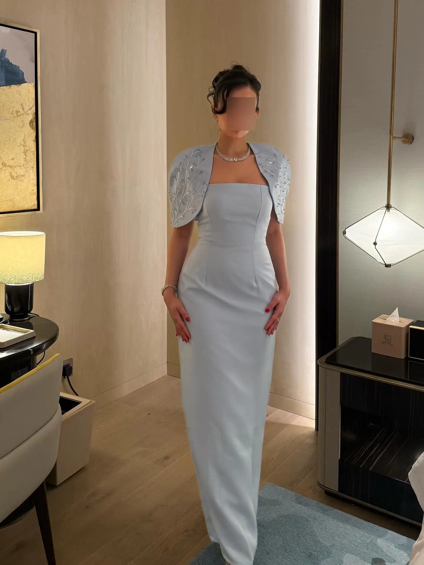 Customized Sky Blue Straight Evening Dress The shawl has embroidered and sequins Formal Cocktail Prom Party Vestidos Saudi Arab
Customized Sky Blue Straight Evening Dress The shawl has embroidered and sequins Formal Cocktail Prom Party Vestidos Saudi Arab