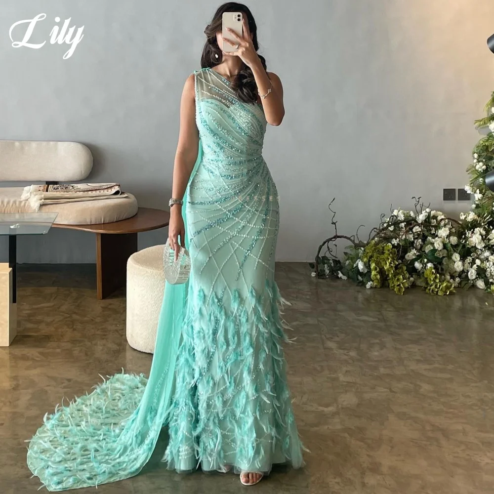 Lily Mint Green Prom Dress Beaded Mermaid Evening Dress with Feather Trim Floor-Length Party Dress with Chiffon Cape Customized
Lily Mint Green Prom Dress Beaded Mermaid Evening Dress with Feather Trim Floor-Length Party Dress with Chiffon Cape Customized