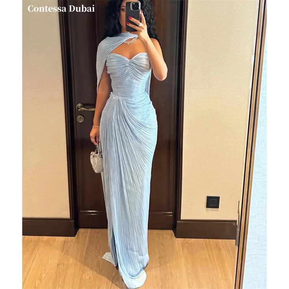 Contessa Custom Blue One Shoulder Evening Dress Cape Pleated Prom Dresses Chiffon Vestidos De Noche High Slit Formal Evening
Contessa Custom Blue One Shoulder Evening Dress Cape Pleated Prom Dresses Chiffon Vestidos De Noche High Slit Formal Evening