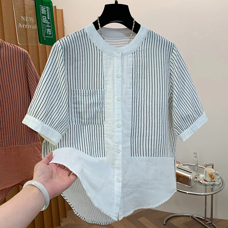 Summer Loose Striped Patchwork Short Sleeve Shirt Women's Casual Style Cotton Blend Slimming Top Quality Button up
Summer Loose Striped Patchwork Short Sleeve Shirt Women's Casual Style Cotton Blend Slimming Top Quality Button up