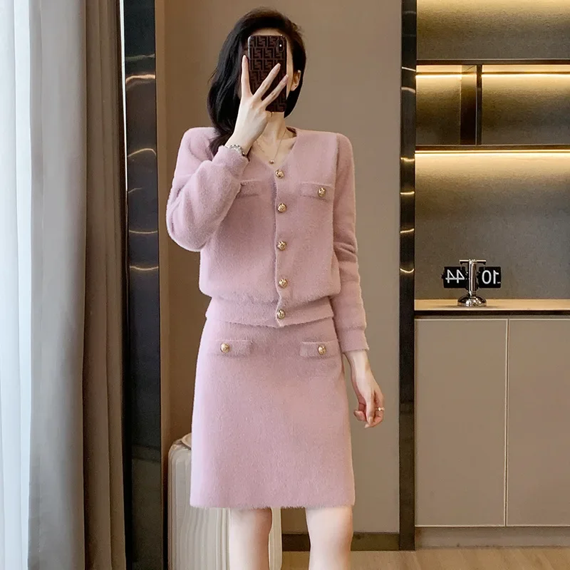 Pink Faux Mink Fur Knitted Two Piece Set Women's Outfits Sweet Single Breasted Sweater Cardgain & Mini A Line Skirt Suits Female
Pink Faux Mink Fur Knitted Two Piece Set Women's Outfits Sweet Single Breasted Sweater Cardgain & Mini A Line Skirt Suits Female