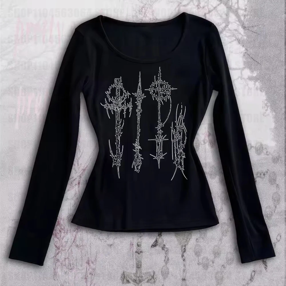 2000s Thorns Wing Print Y2K unique print Women Goth Punk sexy Black Vintage Casual Streetwear Long sleeved T-shirt 
2000s Thorns Wing Print Y2K unique print Women Goth Punk sexy Black Vintage Casual Streetwear Long sleeved T-shirt