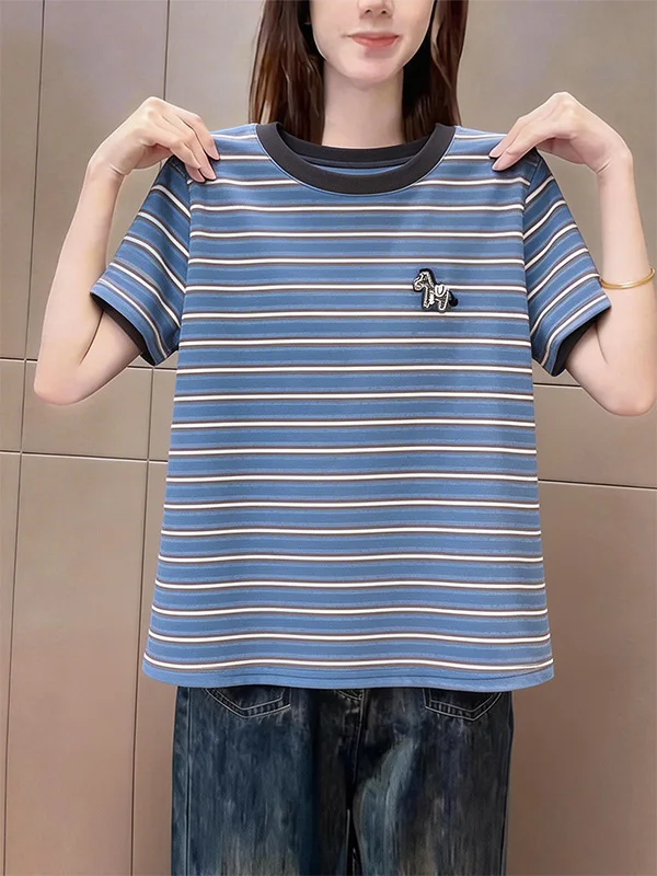 Summer Casual Style Women's T-shirt Short Sleeve Embroidery Design Striped Color Block Shoulder Line Fashionable Pattern
Summer Casual Style Women's T-shirt Short Sleeve Embroidery Design Striped Color Block Shoulder Line Fashionable Pattern