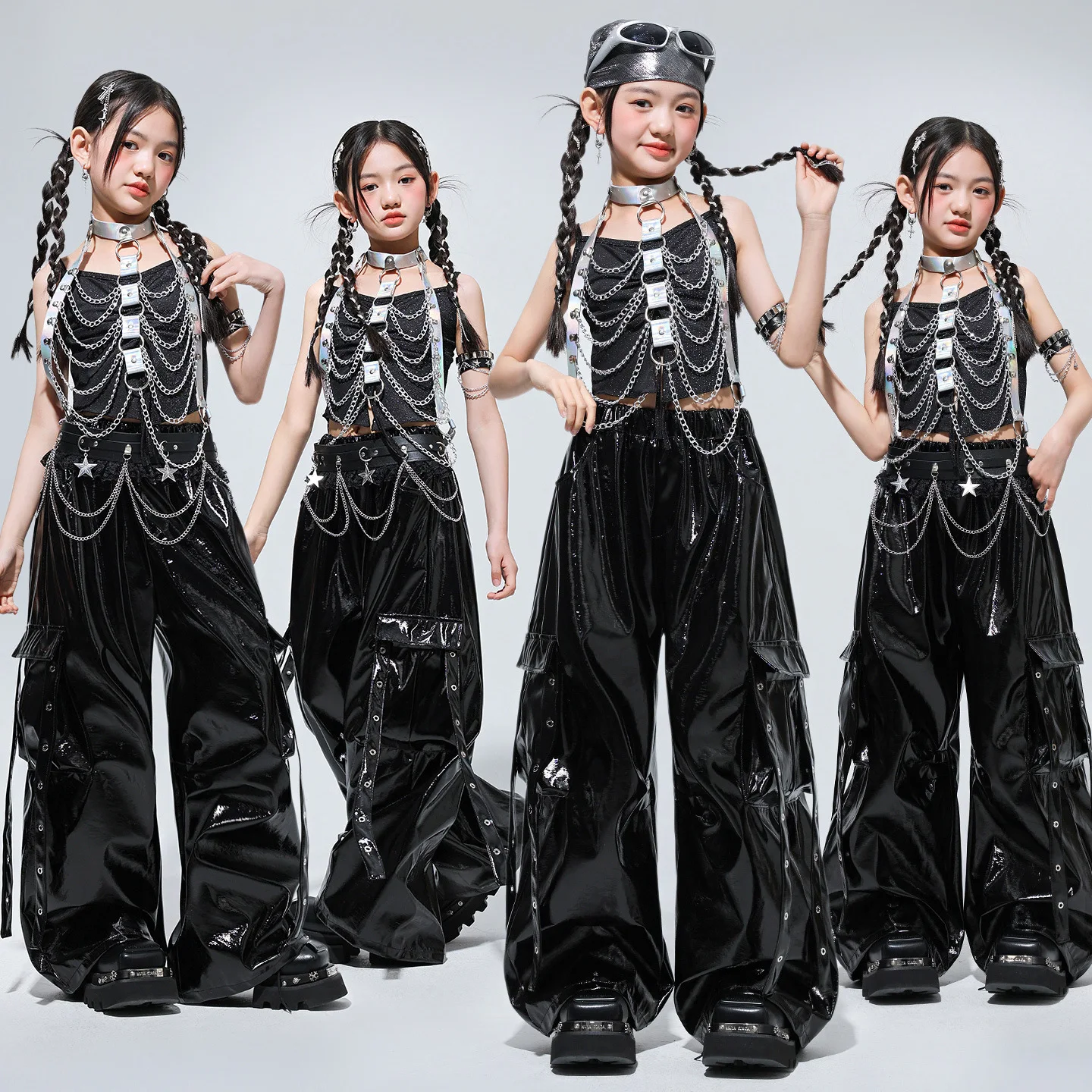 Kid Kpop Hip Hop Clothing Black Crop Camisole Top Iredescent Chain Strap Faux Leather Cargo Pants for Girl Dance Costume Clothes
Kid Kpop Hip Hop Clothing Black Crop Camisole Top Iredescent Chain Strap Faux Leather Cargo Pants for Girl Dance Costume Clothes