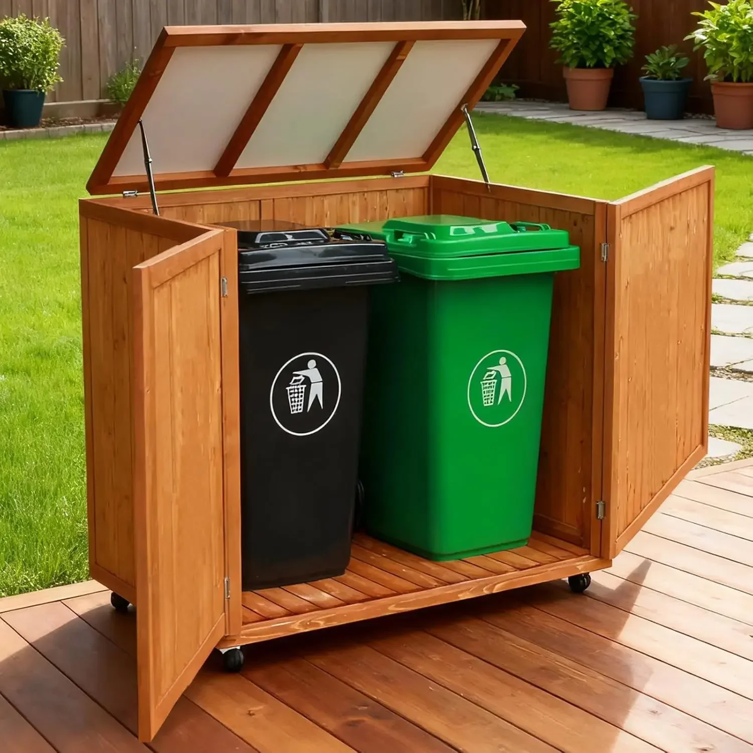 Outdoor Storage Shed Wooden Trash Can Cabinet Wheels Lockable Door Patio Garden Garage
Outdoor Storage Shed Wooden Trash Can Cabinet Wheels Lockable Door Patio Garden Garage