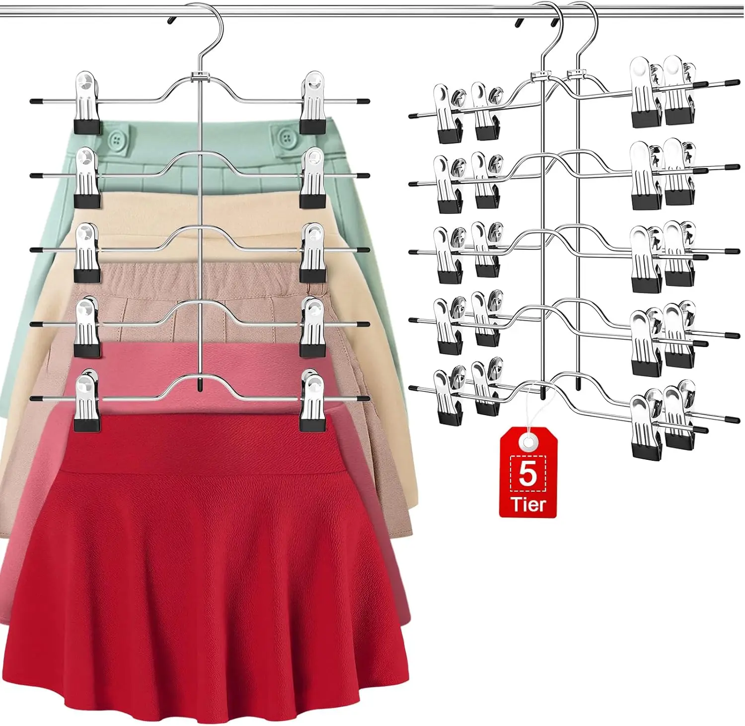 Space Saving 5-Tier Skirt Hangers with Clips, 2 Pack - Rotating Hooks, Non-Slip Clips for Pants, Scarves, Closet Organizer
Space Saving 5-Tier Skirt Hangers with Clips, 2 Pack - Rotating Hooks, Non-Slip Clips for Pants, Scarves, Closet Organizer