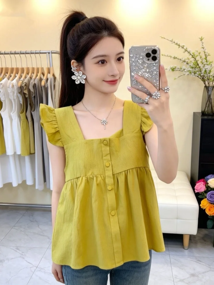 Style Square Collar Sleeveless Women's Shirt Summer Sweet Temperament Chiffon Vest Fashionable Trendy Top Korean Style
Style Square Collar Sleeveless Women's Shirt Summer Sweet Temperament Chiffon Vest Fashionable Trendy Top Korean Style