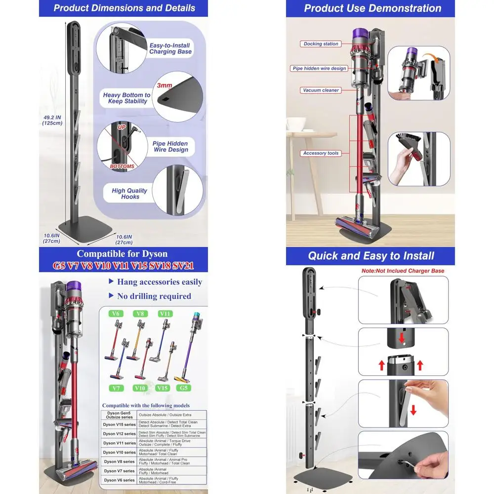 Vacuum Stand or Gen5 V15 V12 Detect V11 V10 V8 V7 V6, Vacuum Holder and Metal Storage Bracket Standing dock with Hidden Cord Des
Vacuum Stand or Gen5 V15 V12 Detect V11 V10 V8 V7 V6, Vacuum Holder and Metal Storage Bracket Standing dock with Hidden Cord Des