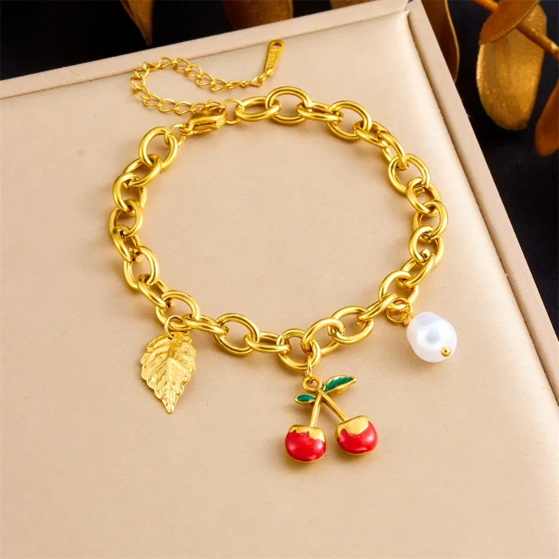 Minar Korea Red Enamel Cherry Leaf Simulated Pearl Charm Bracelets for Women 18K Gold PVD Plated Titanium Steel Chunky Chain
Minar Korea Red Enamel Cherry Leaf Simulated Pearl Charm Bracelets for Women 18K Gold PVD Plated Titanium Steel Chunky Chain